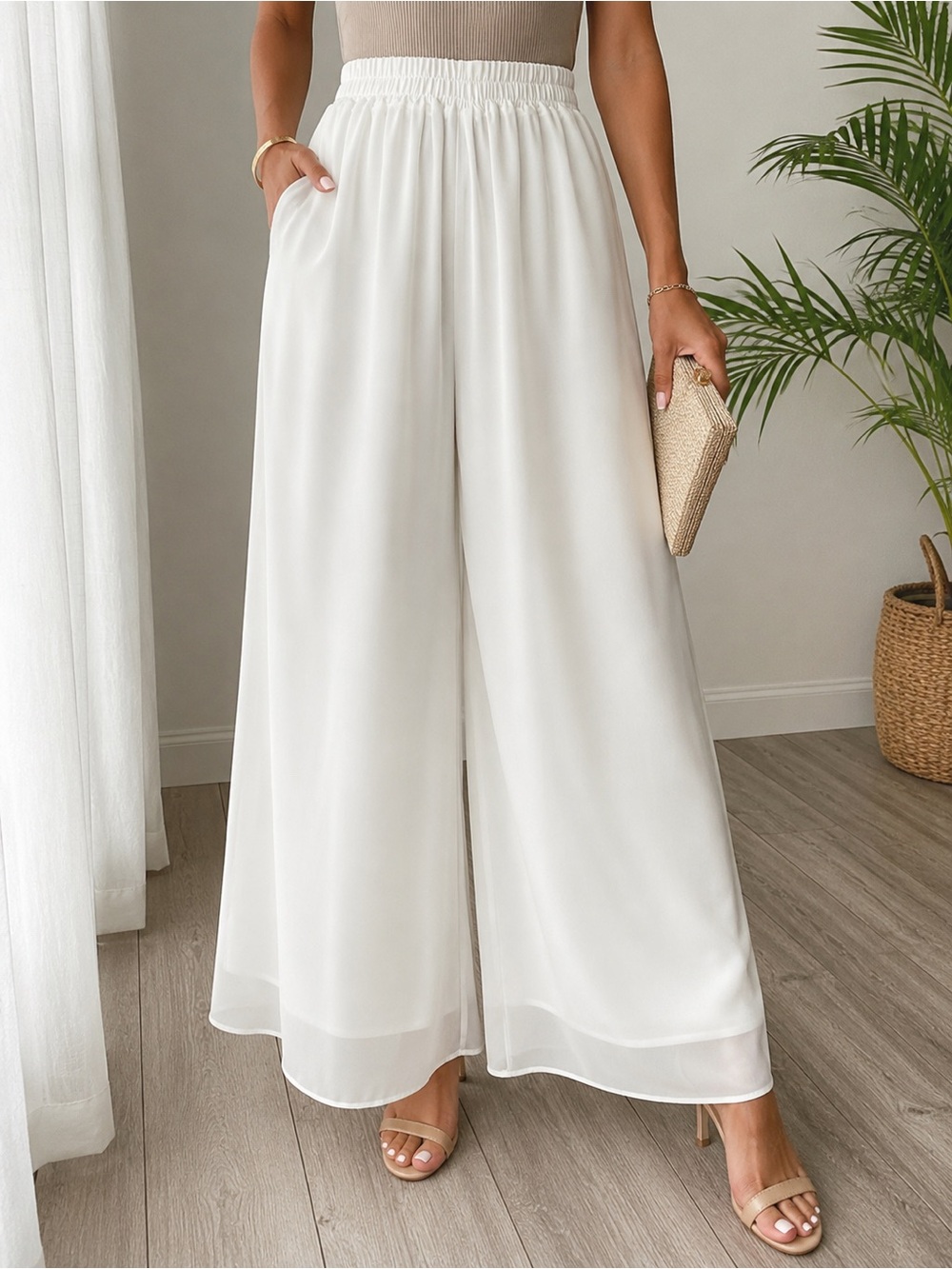 Heipeiwa White Chiffon Palazzo Pants XL Wide Leg Elastic Waist NWT